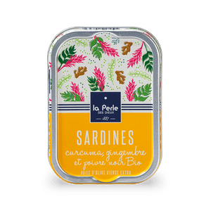 Sardines à l'huile d'olive, curcuma, gingembre et poivre noir bio - La Perle des dieux - enboite.ch