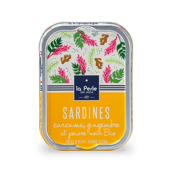 Sardines à l'huile d'olive, curcuma, gingembre et poivre noir bio - La Perle des dieux - enboite.ch