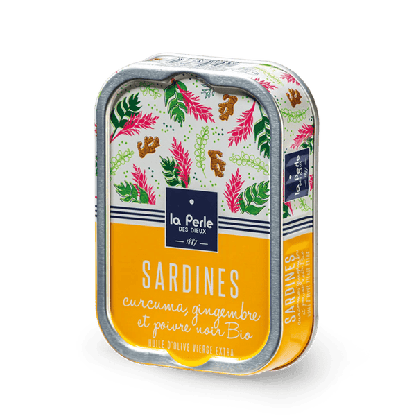 Sardines à l'huile d'olive, curcuma, gingembre et poivre noir bio - La Perle des dieux - enboite.ch